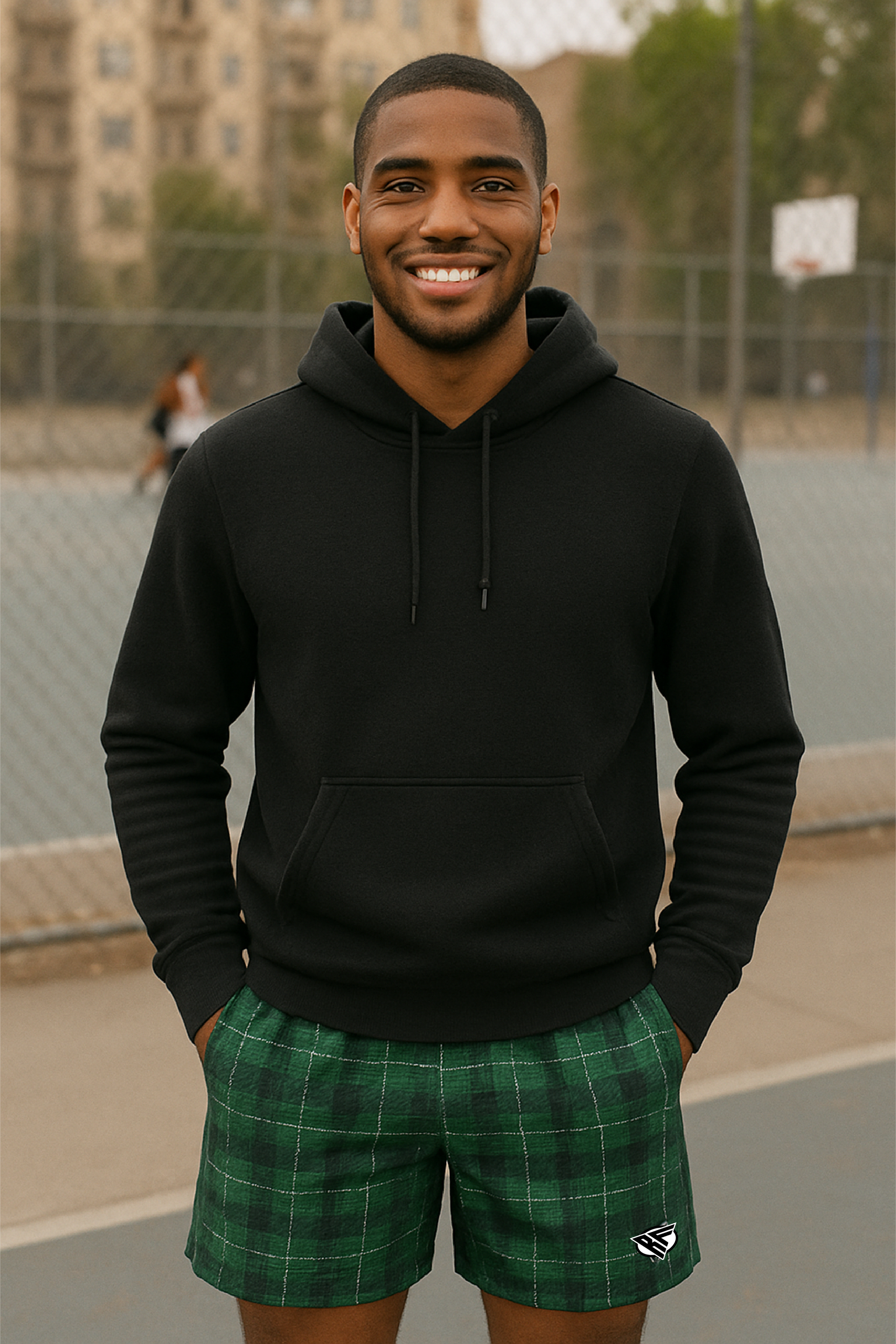 RF Wear Men's Tartan Plaid Shorts - Green - Model Front View