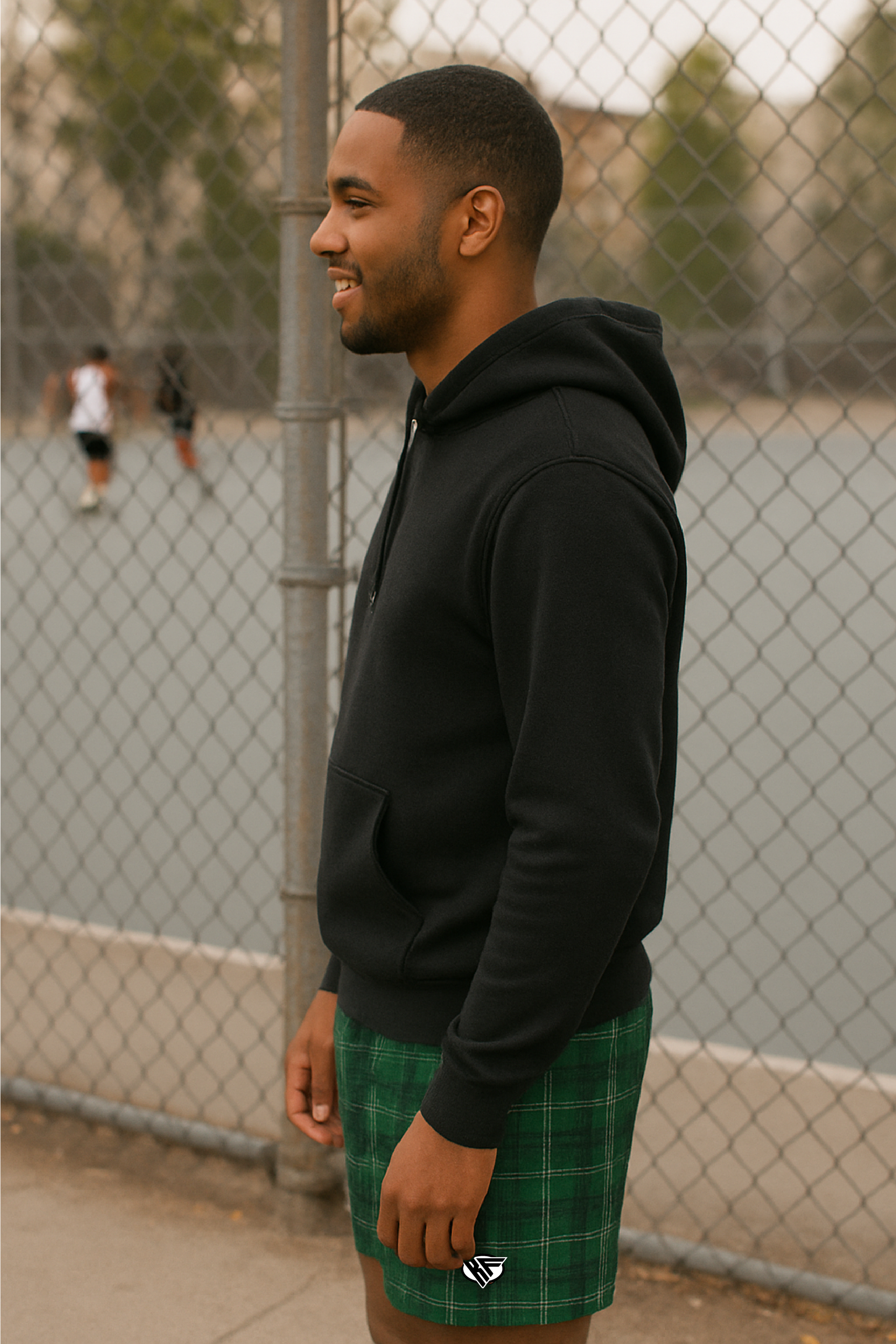 RF Wear Men's Tartan Plaid Shorts - Green - Model Side View