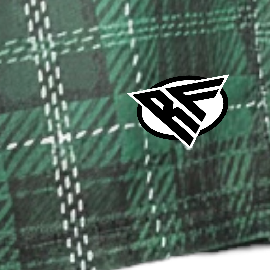 Close-up of RF-Wear Men's Tartan Plaid Shorts in Green with RF logo