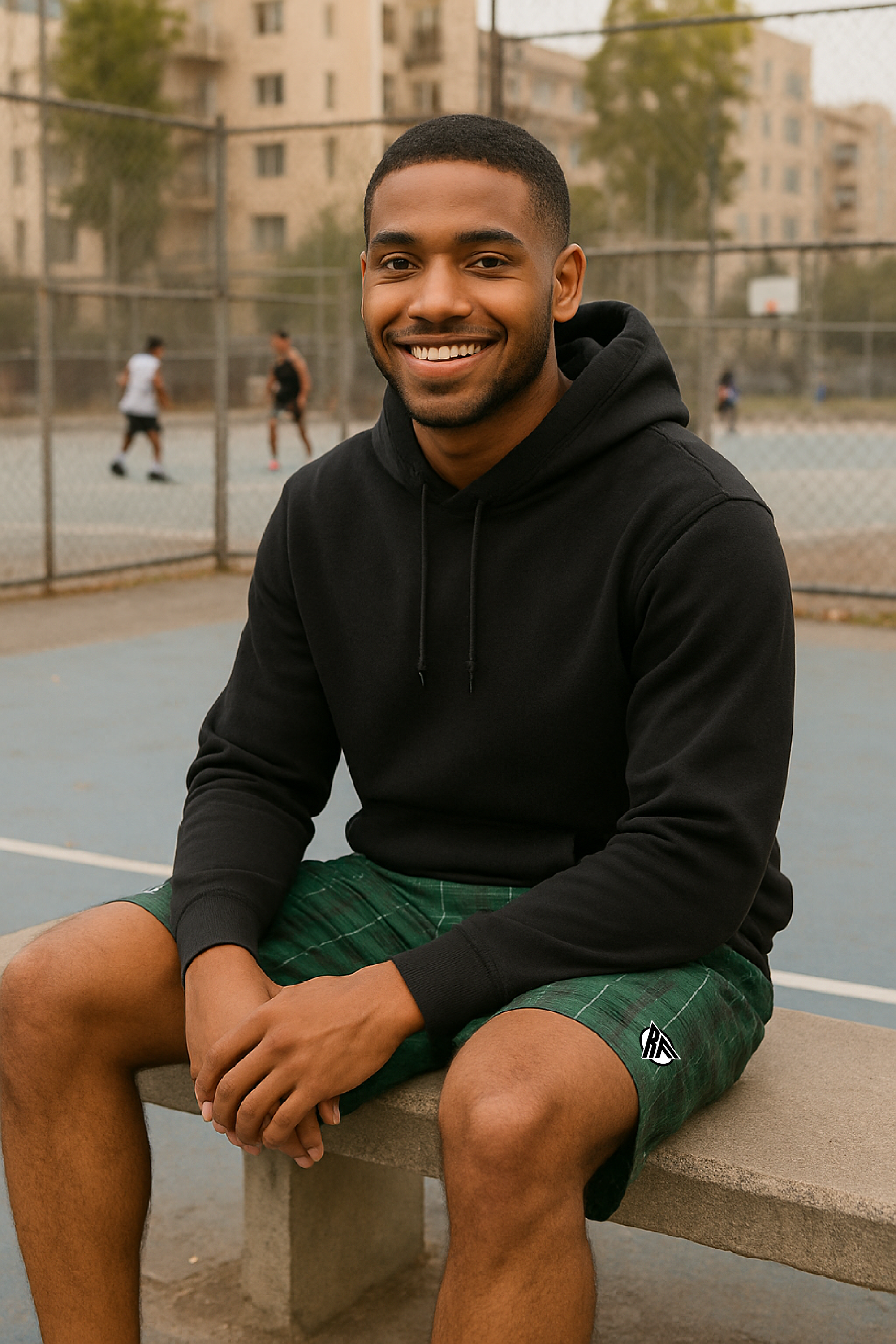 RF Wear Men&#39;s Tartan Plaid Shorts - Green - Model Sitting