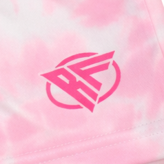 Close-up of RF-Wear Men's Tie Dye Shorts in Pink with RF logo