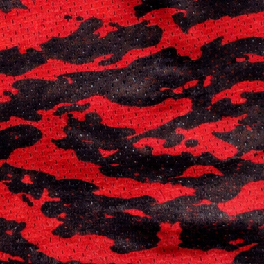 Close-up of RF-Wear Men's Mesh Tiger Camo Shorts in Red