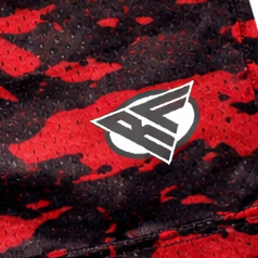 Close-up of RF-Wear Men's Mesh Tiger Camo Shorts in Red with RF logo
