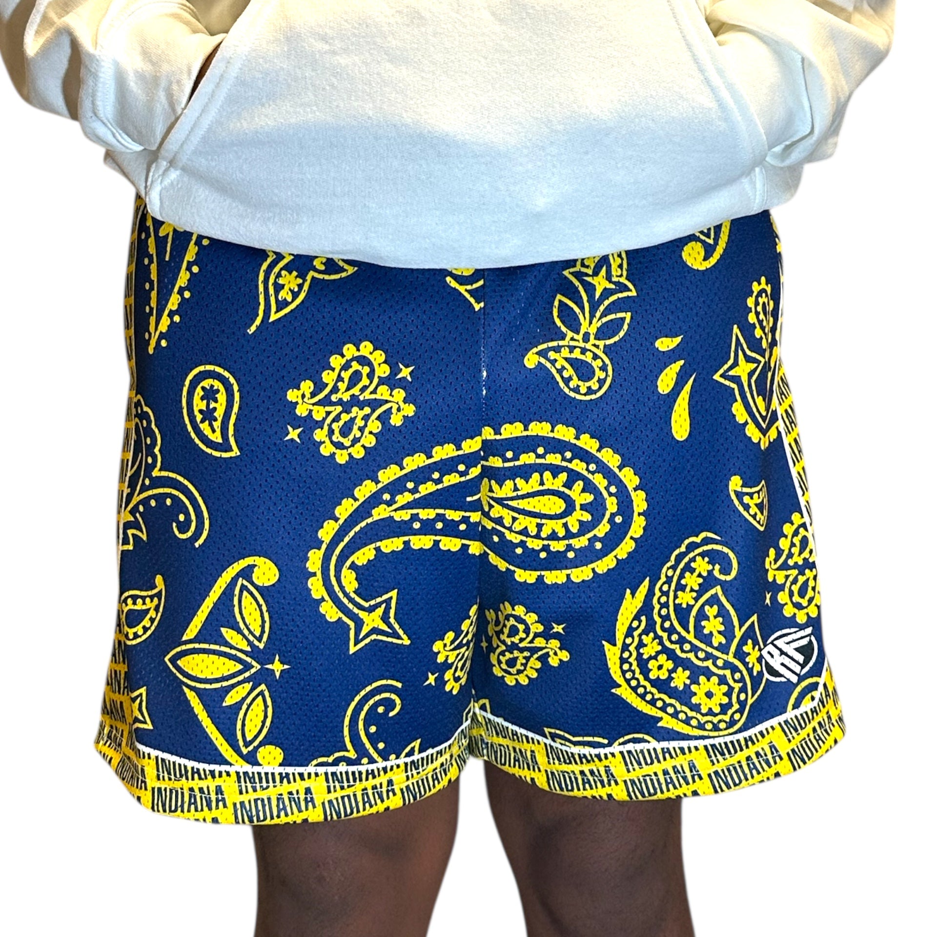 Man wearing RF-Wear Men's Mesh Basketball Paisley Indiana  Shorts in Yellow/Blue 
