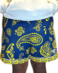 Man wearing RF-Wear Men's Mesh Basketball Paisley Indiana  Shorts in Yellow/Blue 