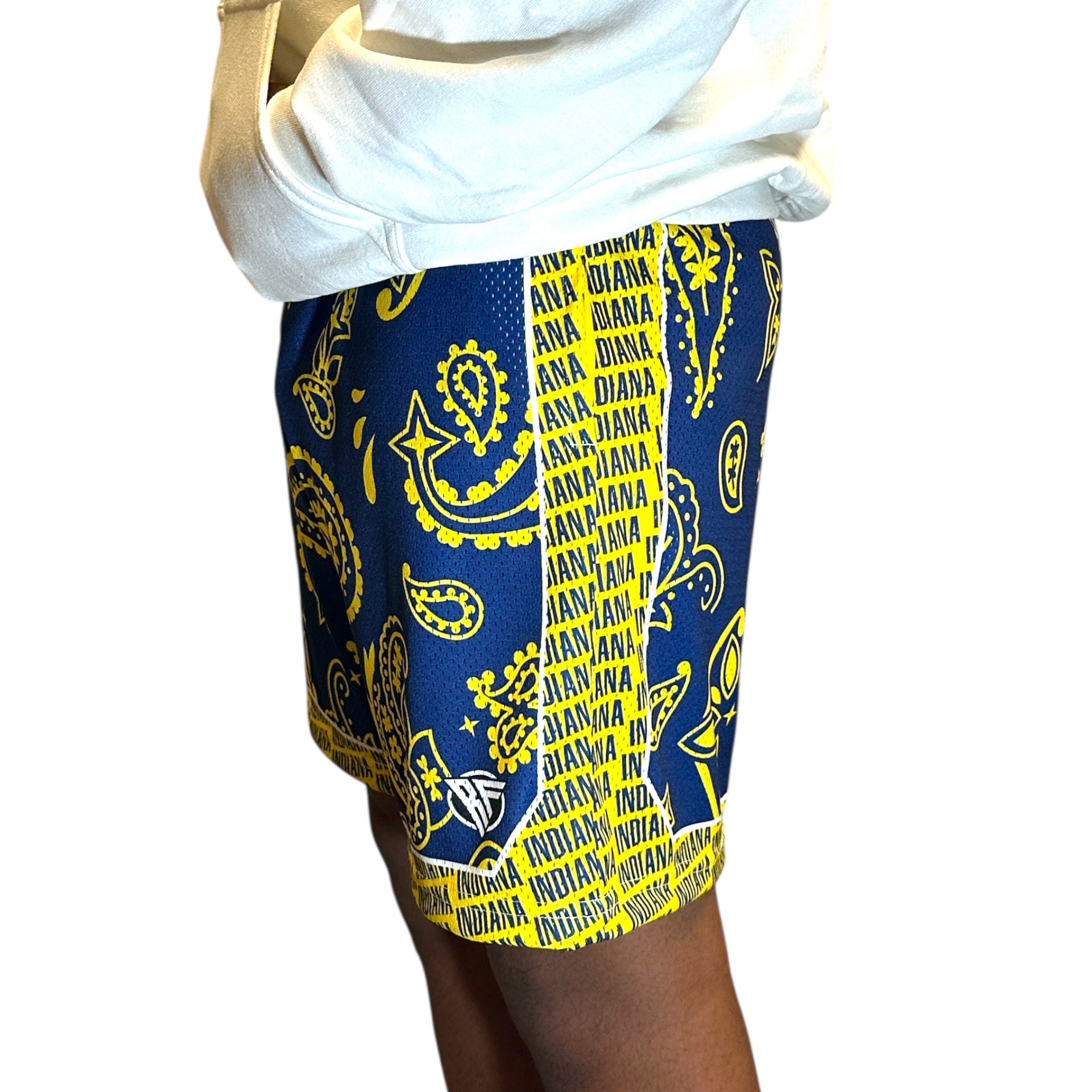 Man wearing RF-Wear Men's Mesh Basketball Paisley Indiana  Shorts in Yellow/Blue 