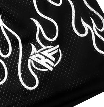 Close-up of RF-Wear Men's Mesh Fire Shorts in Black/White with RF logo