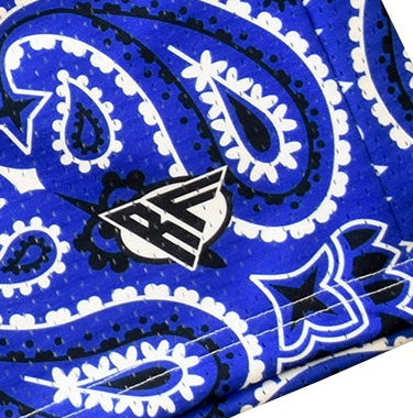 Close-up of RF-Wear Men's Mesh Bandana in blue with RF logo. 