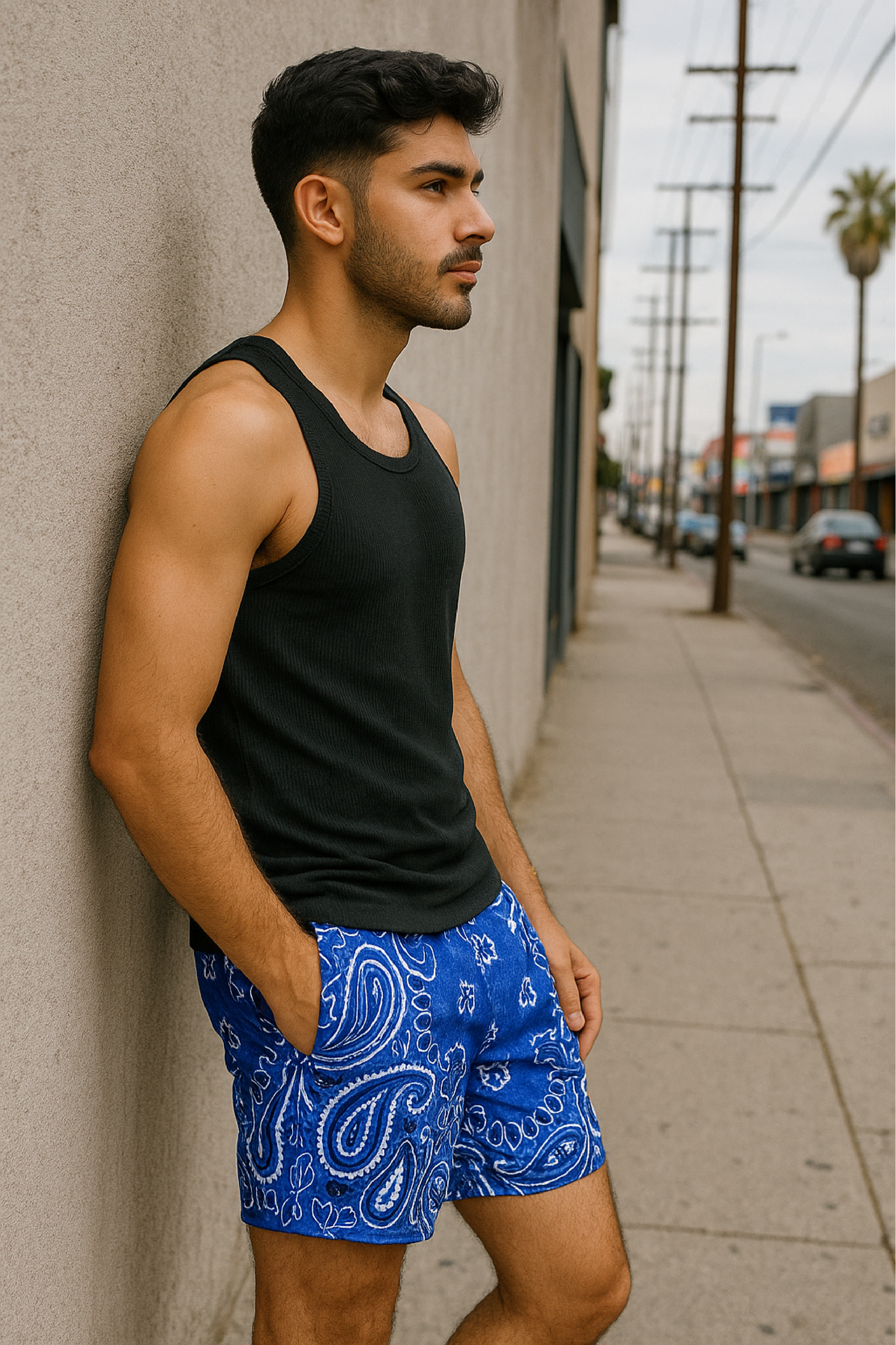 RF Wear Men&#39;s Mesh Bandana Shorts - Blue - Model Side View