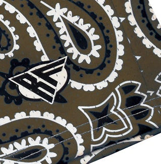 Close-up RF-Wear Men's Mesh Bandana Shorts in Brown with RF logo. 