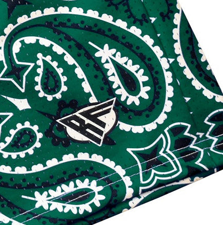 Close-up of RF-Wear Men's Mesh Bandana Shorts in Green with RF logo