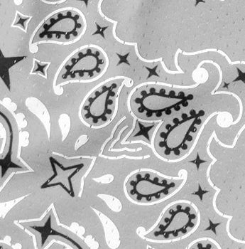 Close-up of RF-wear mesh bandana shorts in Grey. 