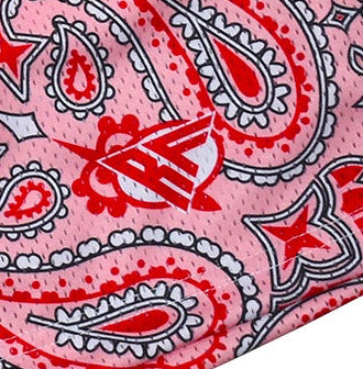 Close-Up of RF-Wear Mesh Bandana Shorts in Pink with RF logo