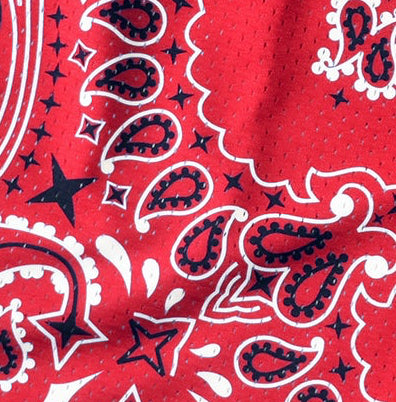Close-up of RF-Wear Mesh Bandana Shorts in Red