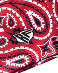 Close-up of RF-Wear Mesh Bandana Shorts in Red with RF logo. 