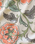 Close-up of floral and leaf pattern on a textured fabric background