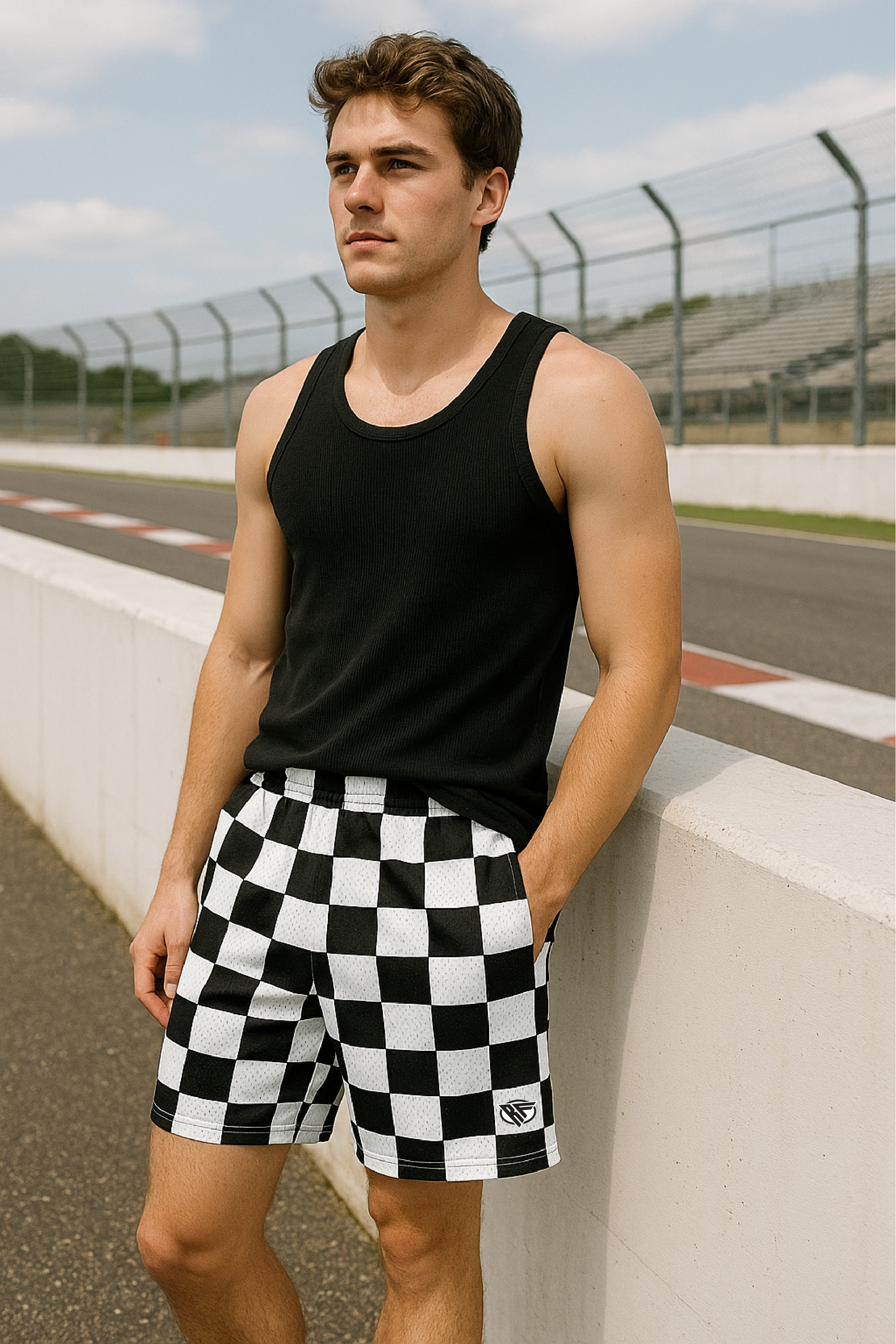 RF Wear Men's Mesh Checkered Shorts - Black/White - Model Front View