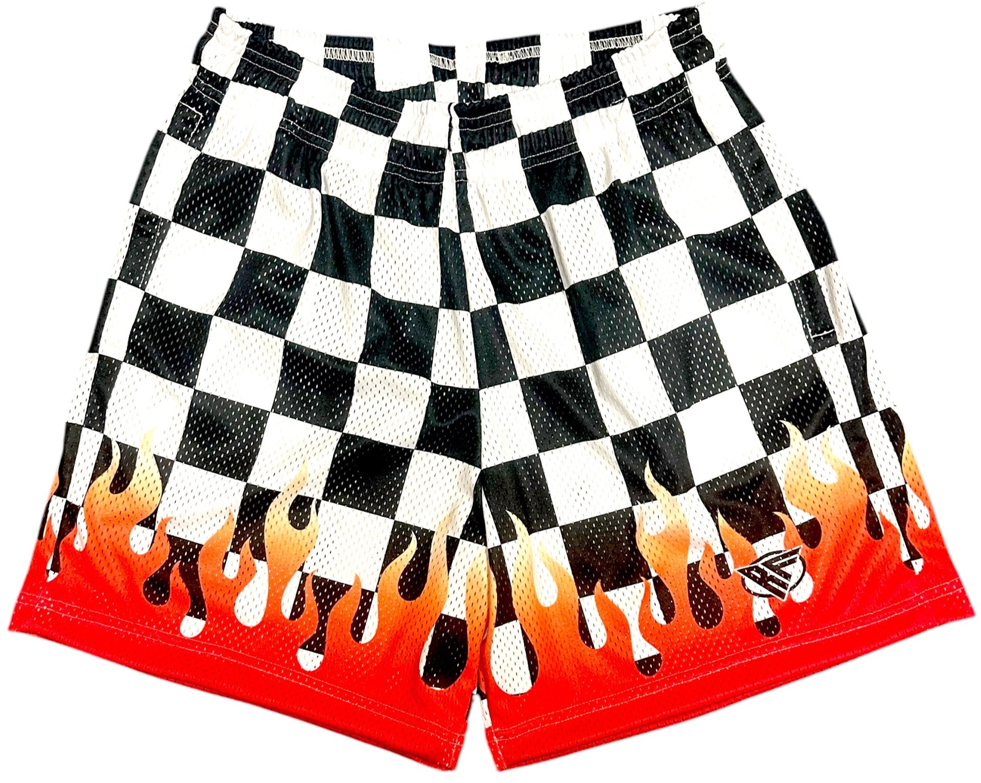 RF Wear Men's Mesh Checkered Flame Shorts - Black/White Red Flames - Front