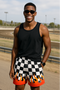 RF Wear Men's Mesh Checkered Flame Shorts - Black/White Red Flames - Model Front View