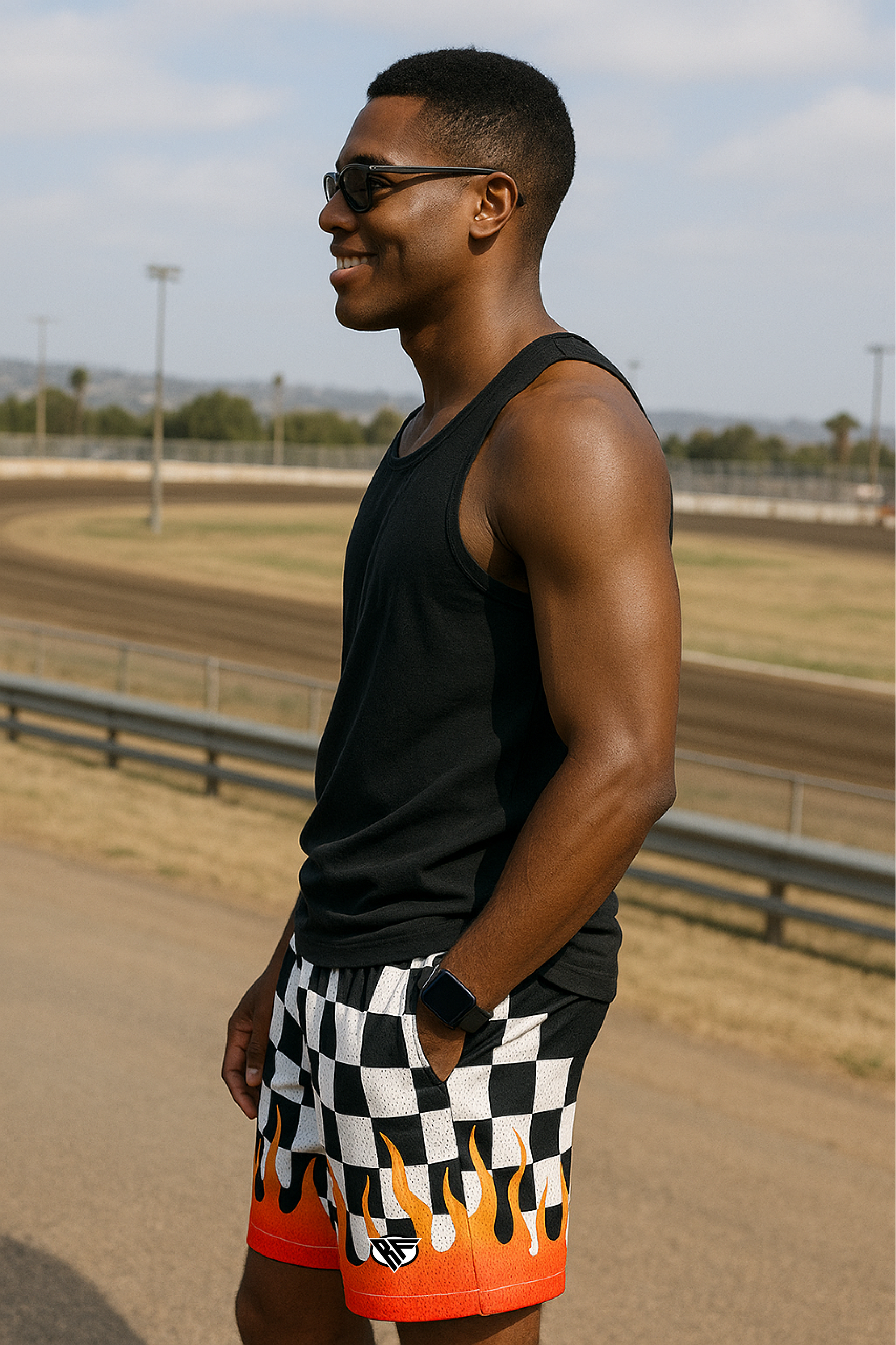 RF Wear Men's Mesh Checkered Flame Shorts - Black/White Red Flames - Model Side View