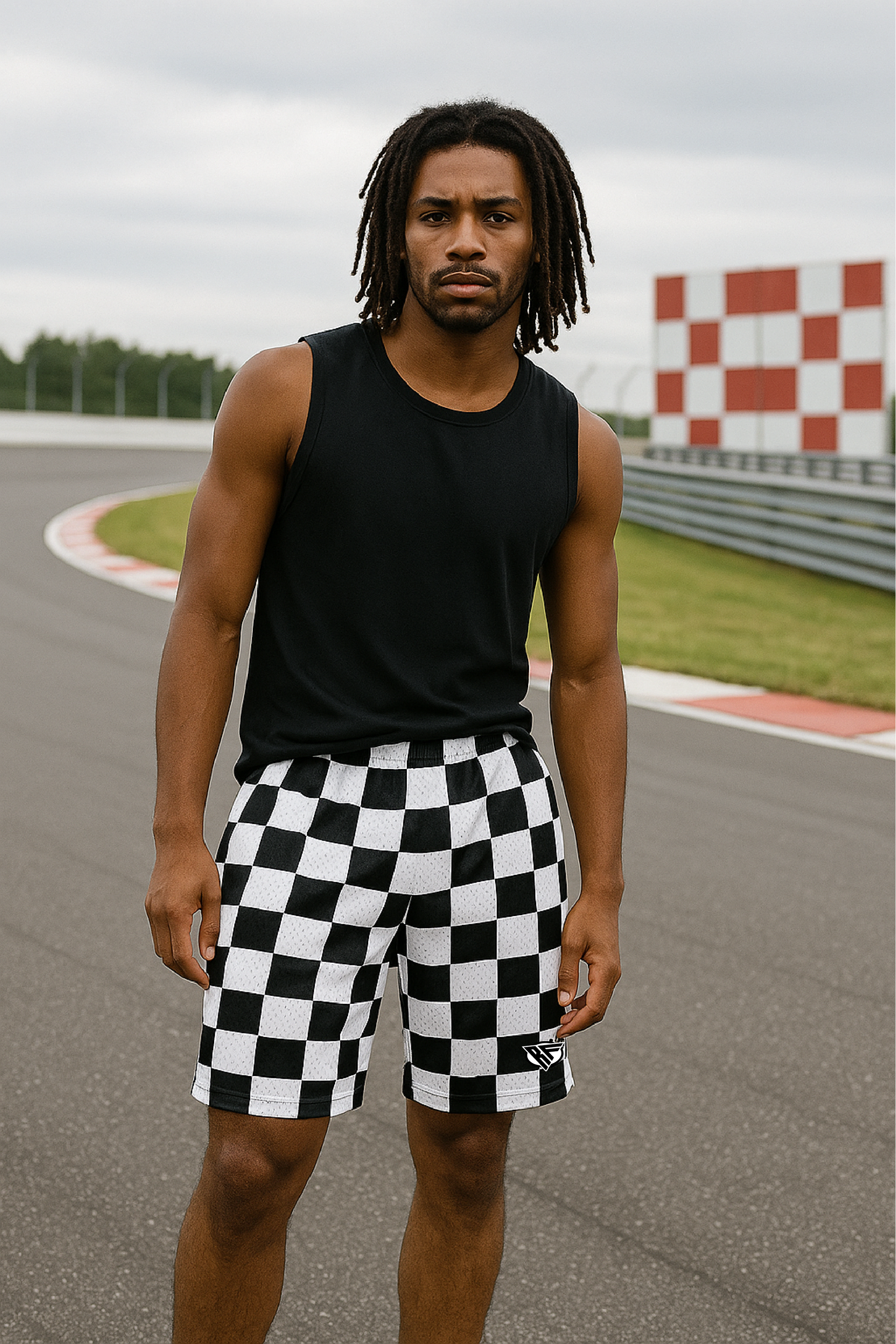 RF Wear Men's Mesh Checkered Shorts - Black/White - Model Front View