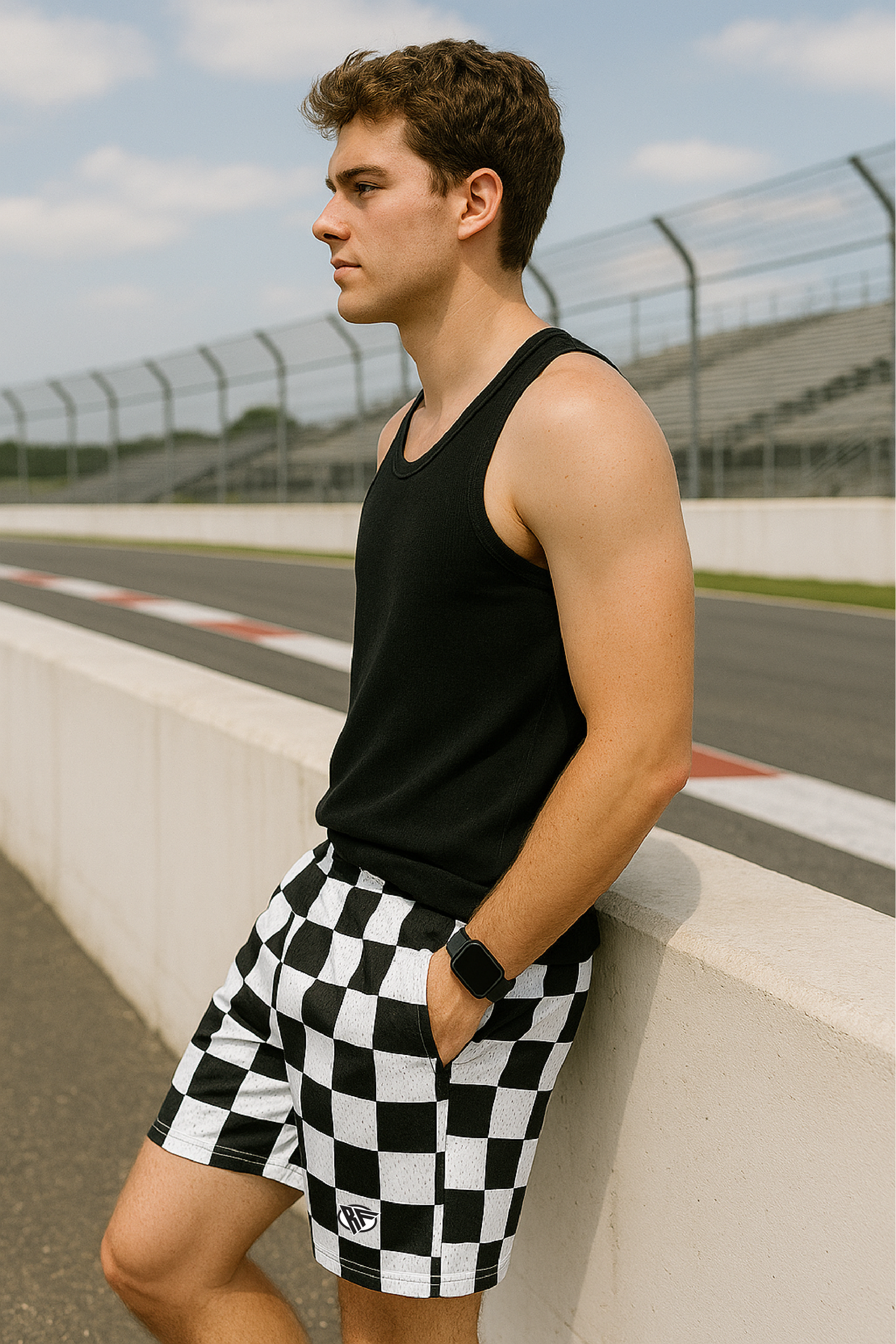 RF Wear Men's Mesh Checkered Shorts - Black/White - Model Side View