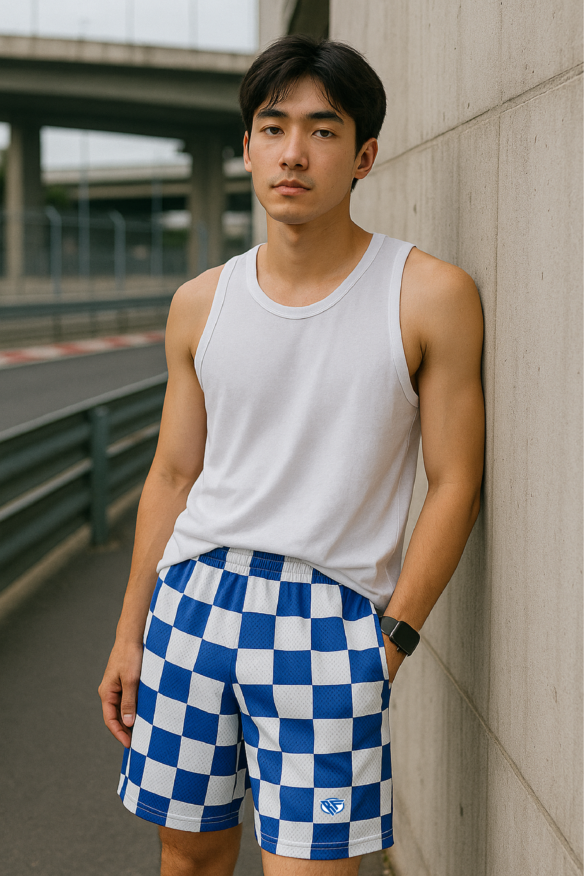 RF Wear Men&#39;s Mesh Checkered Shorts - Blue/White - Model Front View