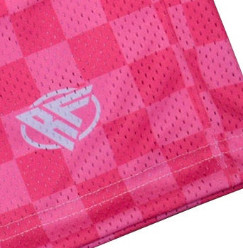 Close up of Women's checkered shorts in Fuchsia with RF logo.