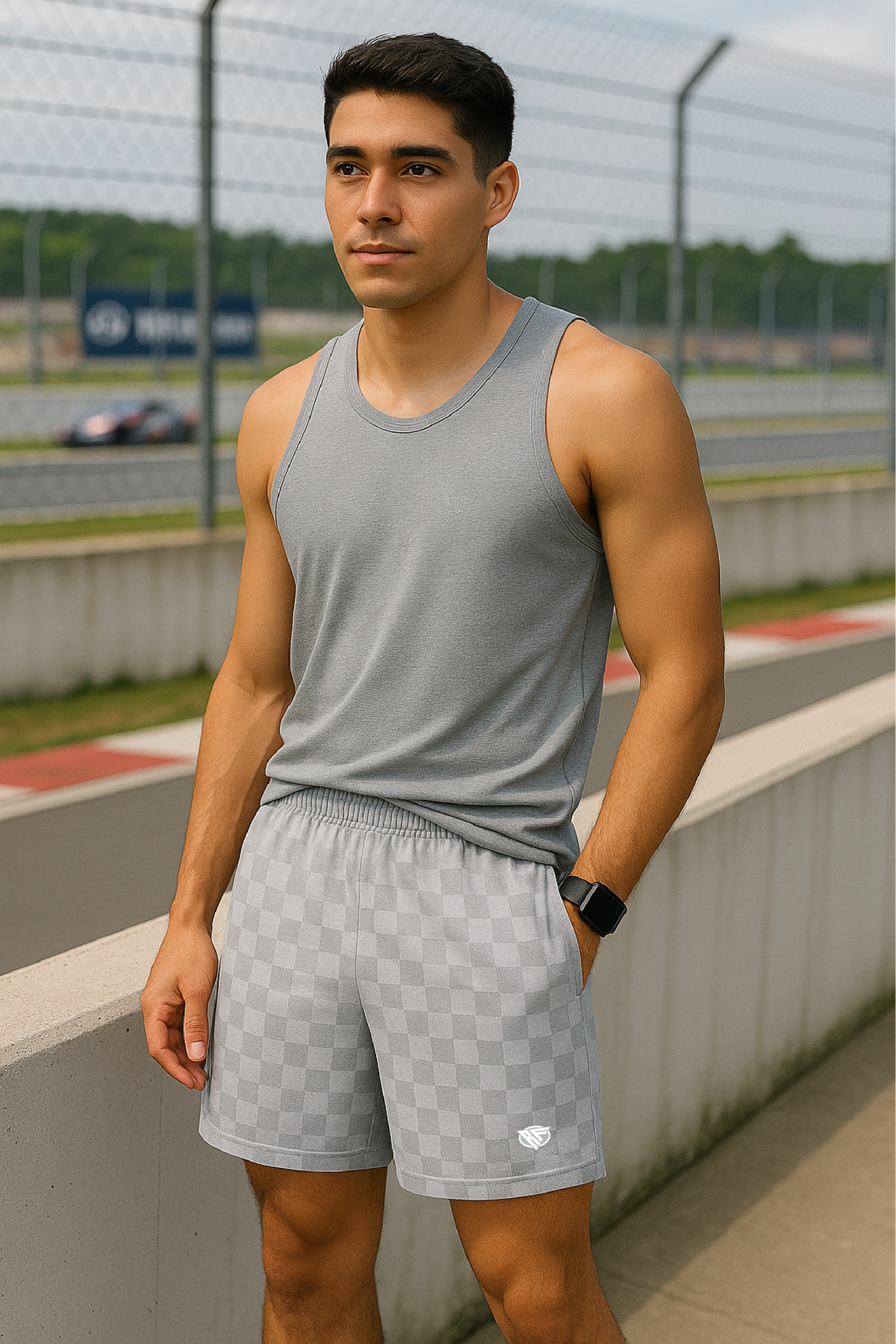 RF Wear Men's Mesh Checkered Shorts - Grey/Light Grey - Model Front View