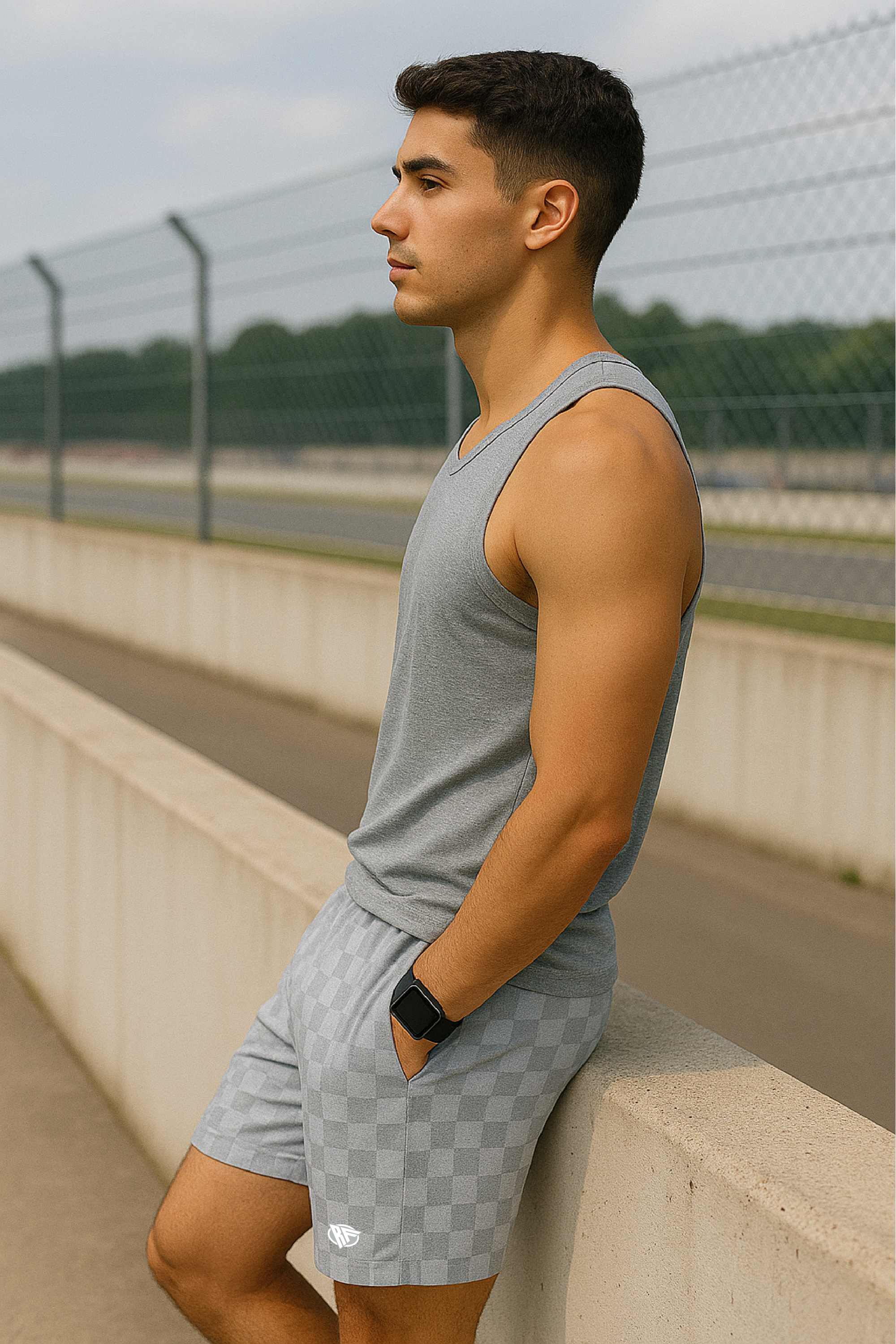 RF Wear Men's Mesh Checkered Shorts - Grey/Light Grey - Model Side View