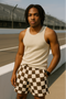 RF Wear Men's Mesh Checkered Shorts - Mocha/Cream - Model Front View