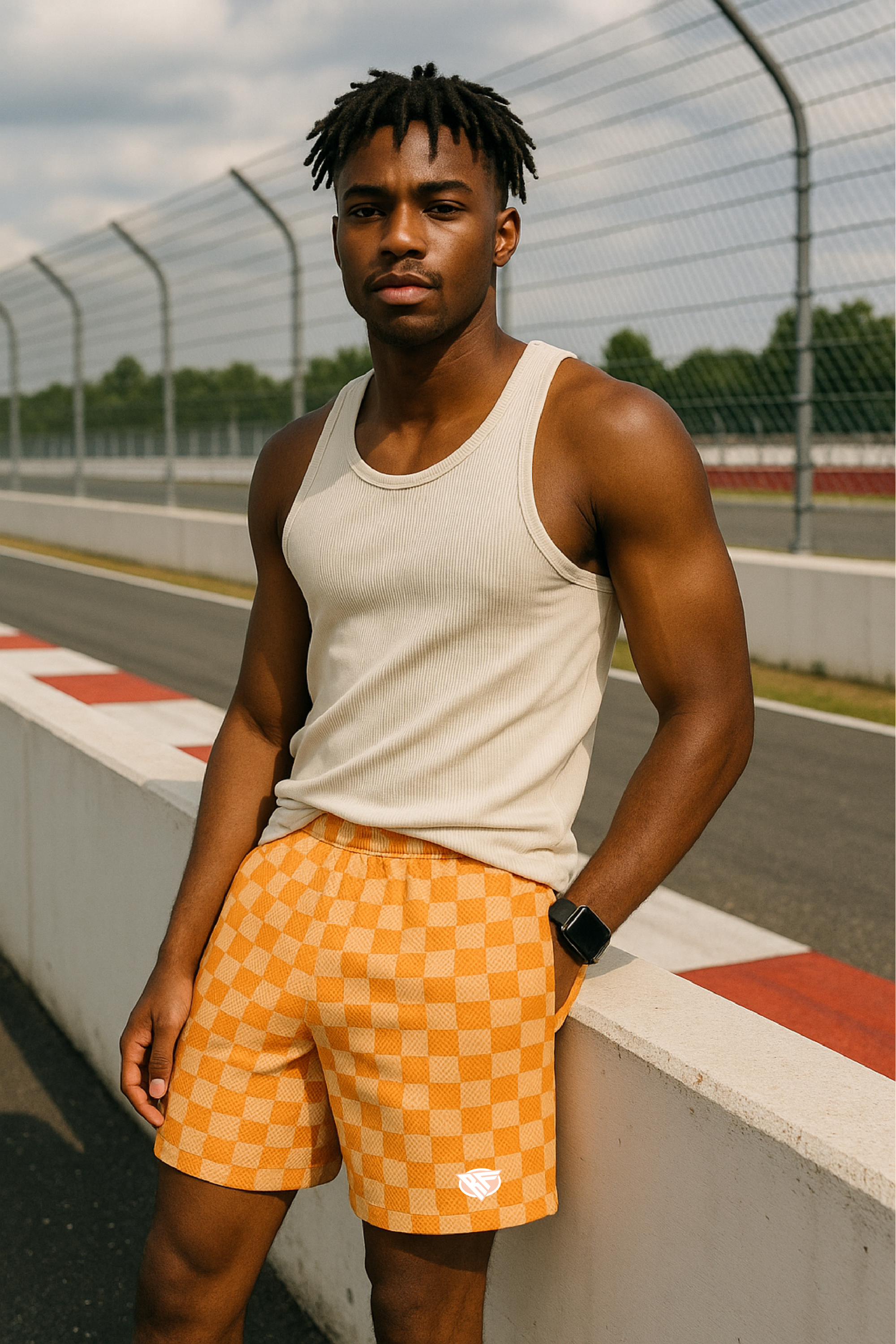 RF Wear Men's Mesh Checkered Shorts - Peach - Model Front View