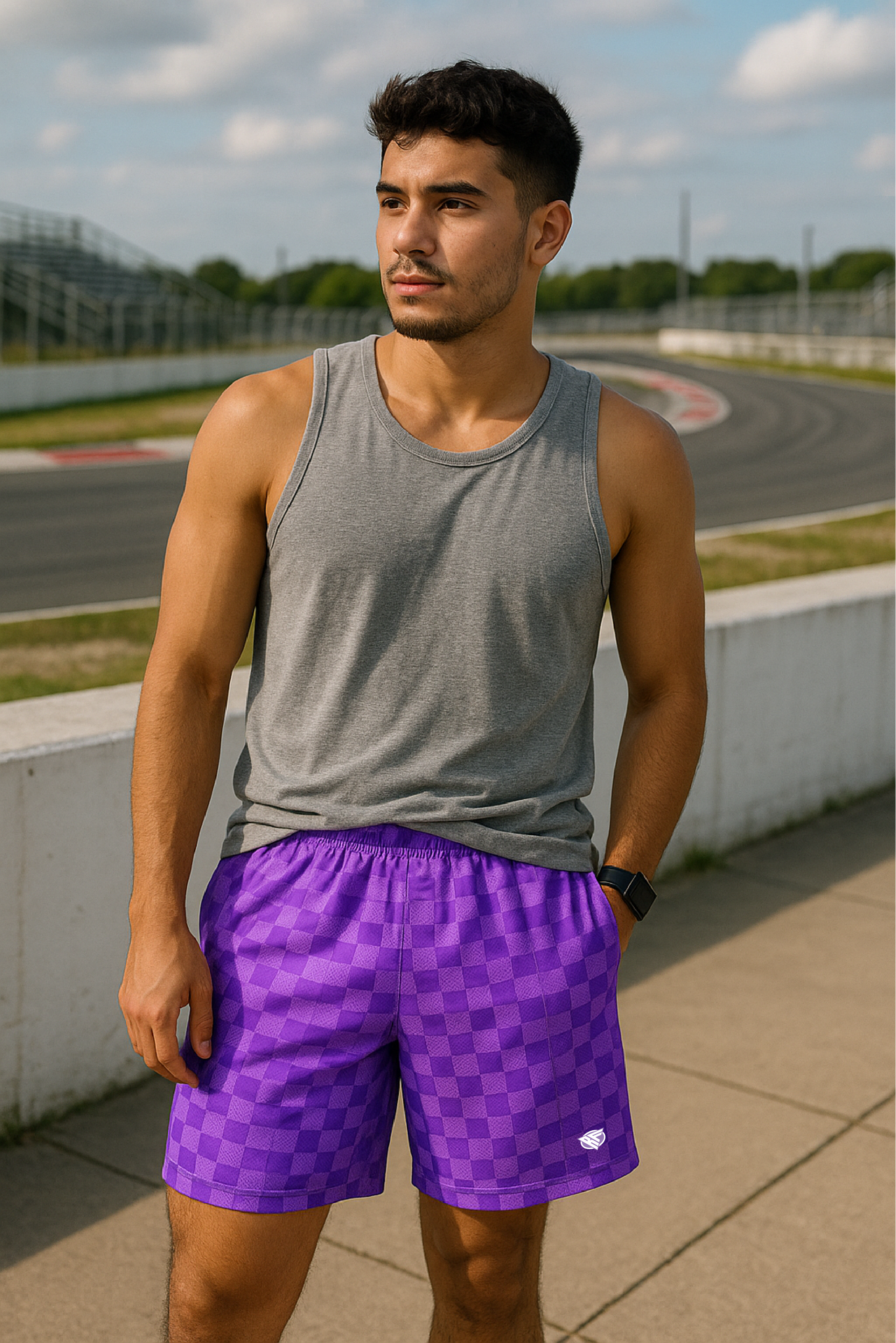 RF Wear Men's Mesh Checkered Shorts - Purple/Light-Purple - Model Front View