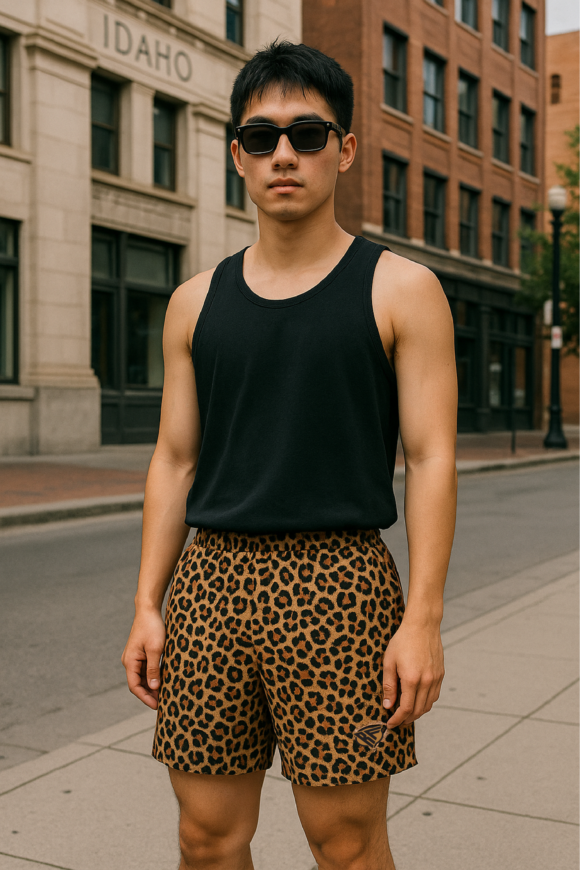 RF Wear Men&#39;s Mesh Animal Print Shorts - Cheetah - Brown - Model Front View