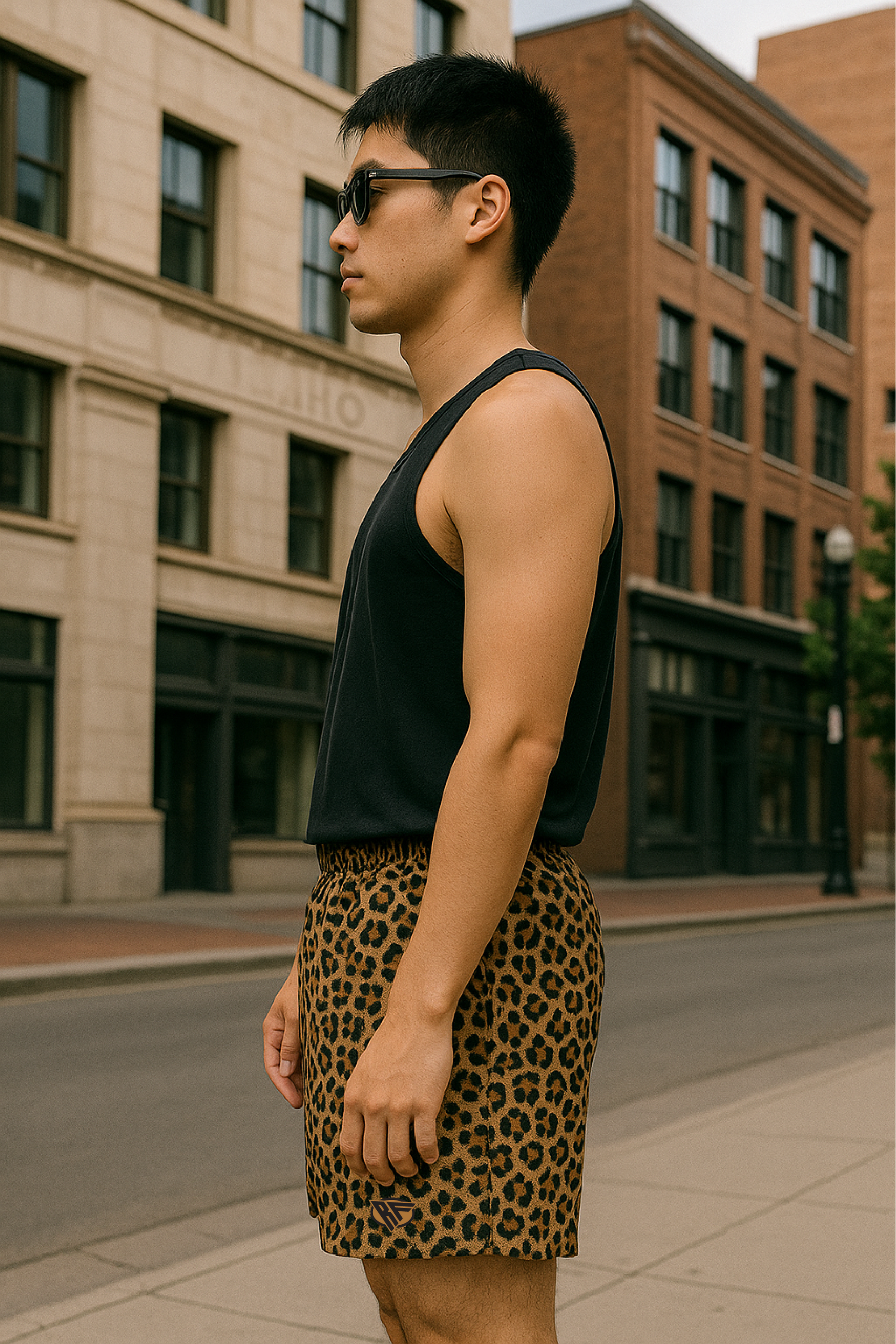 RF Wear Men&#39;s Mesh Animal Print Shorts - Cheetah - Brown - Model Side View