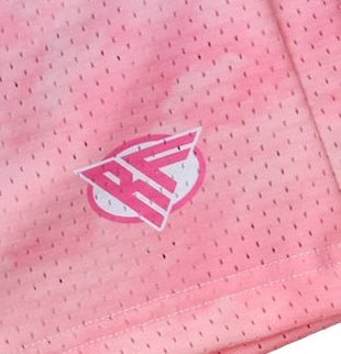 Close up of RF-Wear Mesh Cloud Shorts - Pink with logo