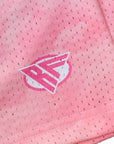 Close up of RF-Wear Mesh Cloud Shorts - Pink with logo