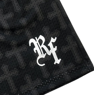 Black mesh fabric with a white logo