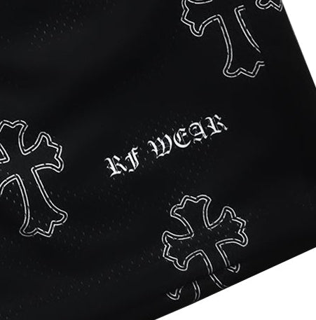 Close-up of RF-Wear Mesh Crosses 3.0 Shorts - Black/Grey with RF-Wear logo