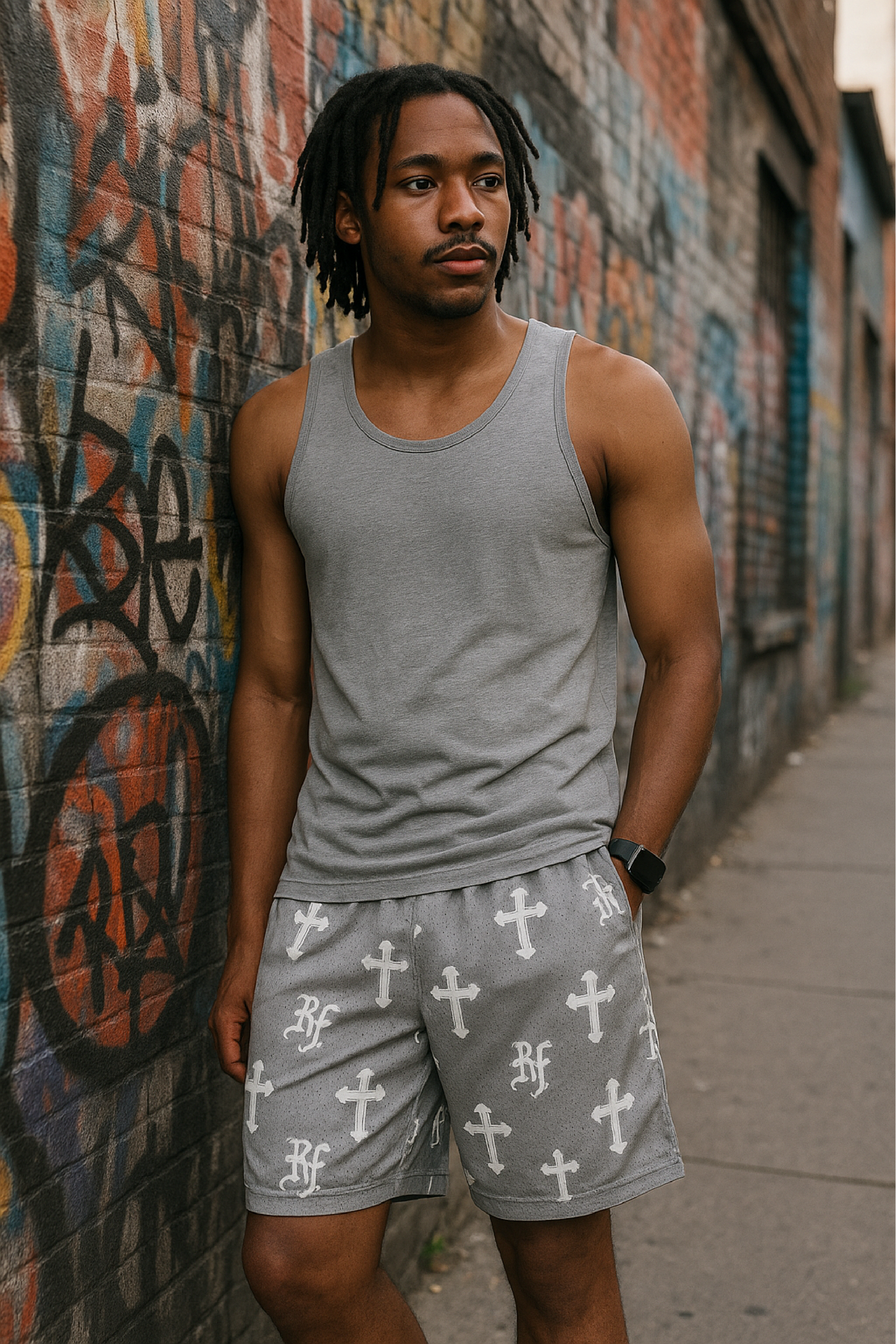 RF Wear Mesh Cross Shorts - Grey - White - Model Front View