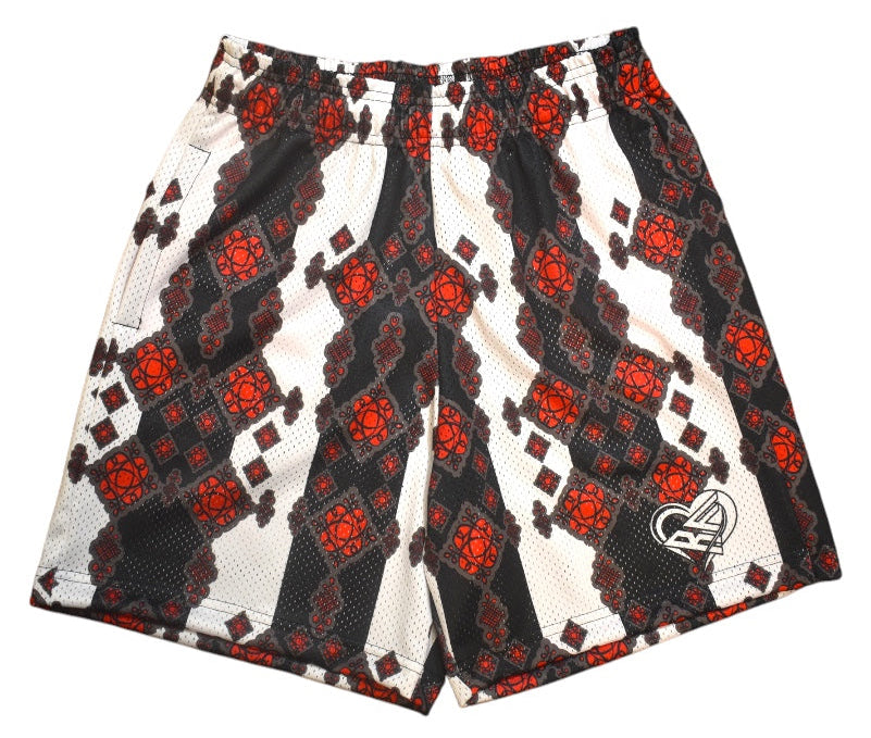 RF Wear Men's Mesh Decorative Stripe Shorts - Red/Black/White - Close Up
