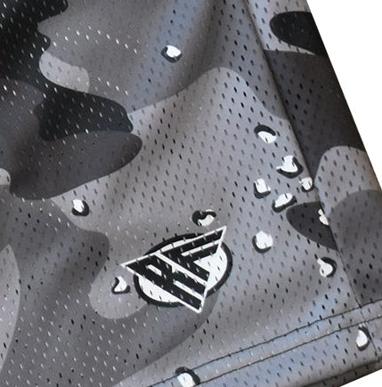 Close-up of desert camo shorts with brand logo in grey.