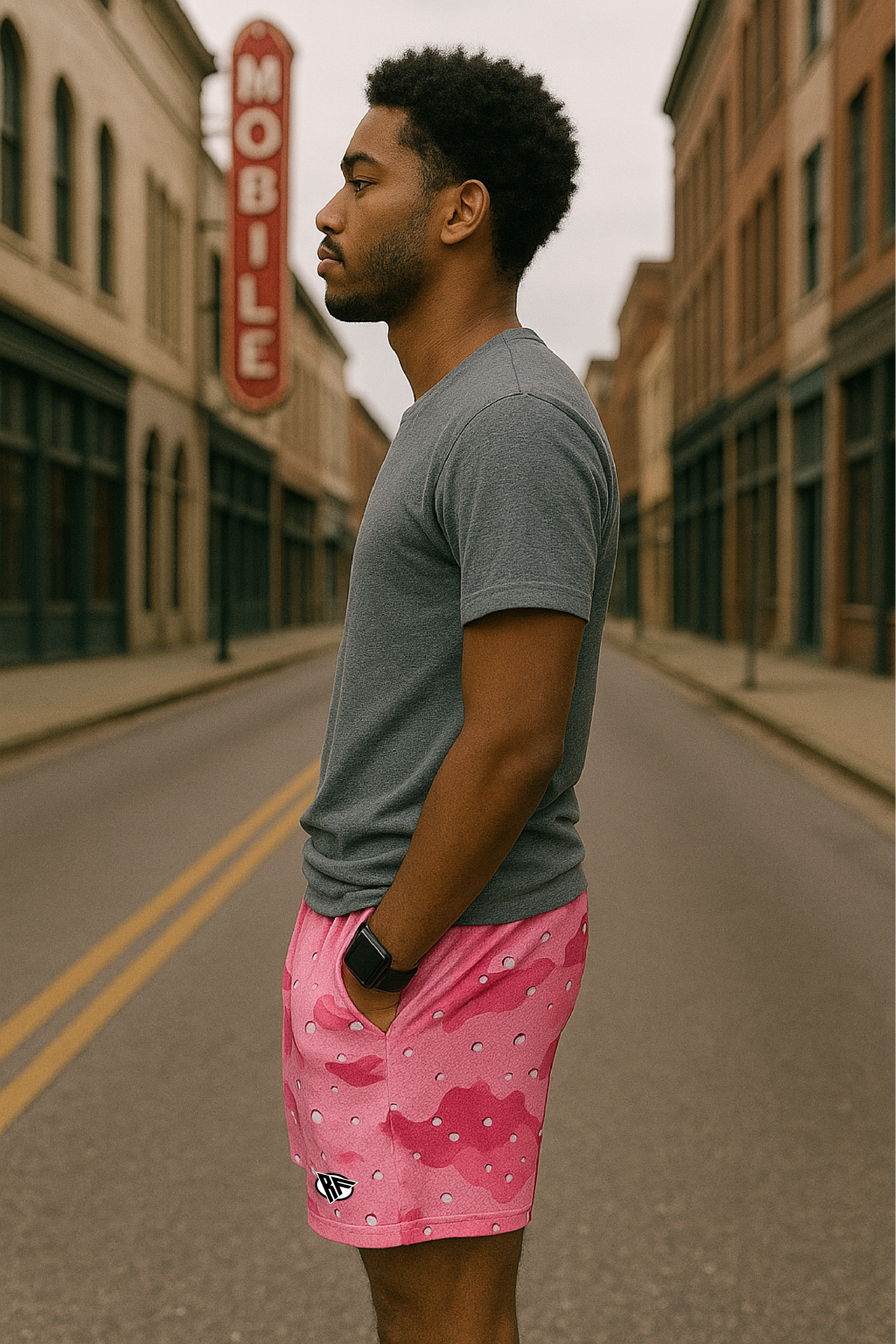 RF Wear Men's Mesh Desert Camo Shorts - Pink - Model Side View