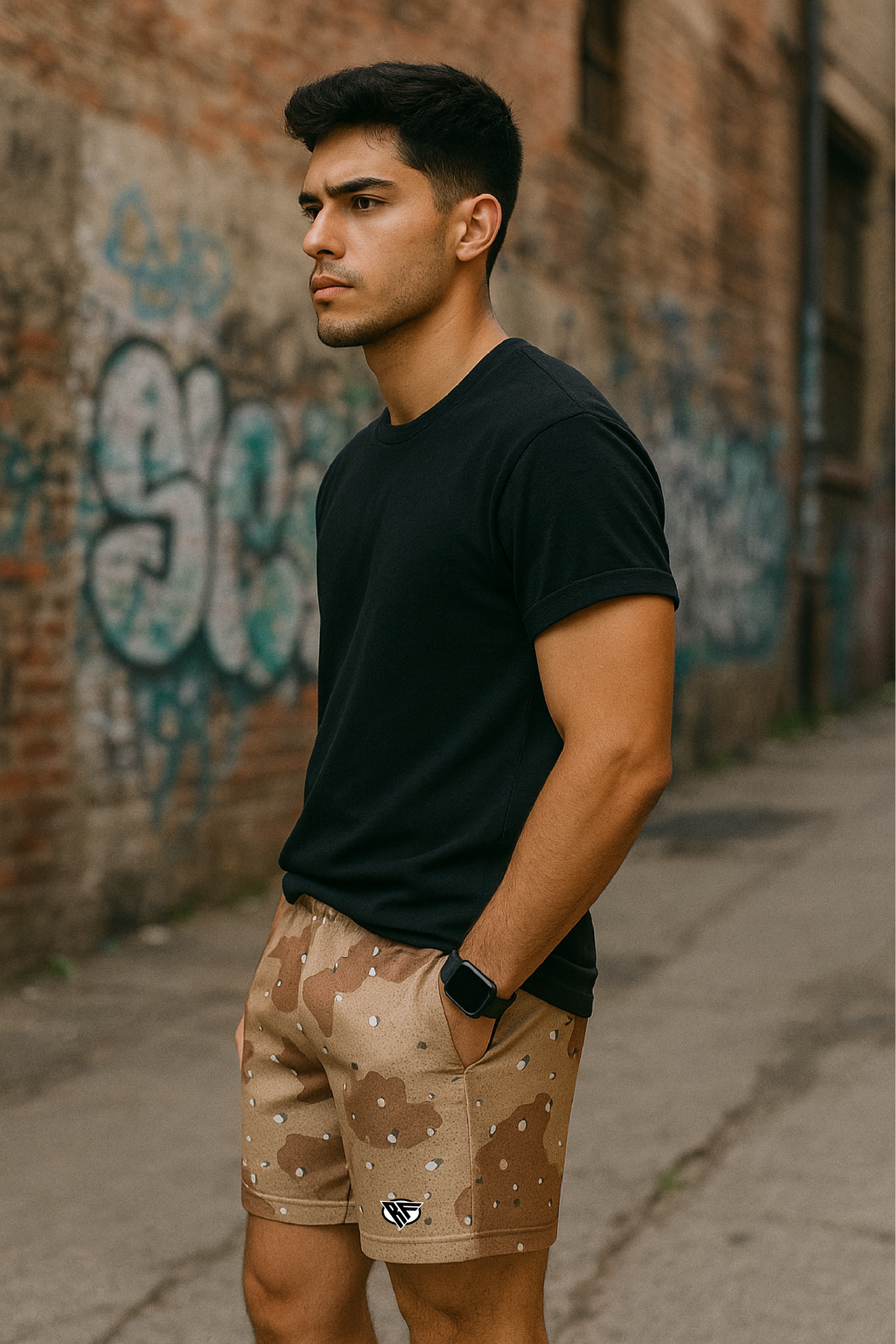 RF Wear Men's Mesh Desert Camo Shorts - Tan/Brown - Model Side View