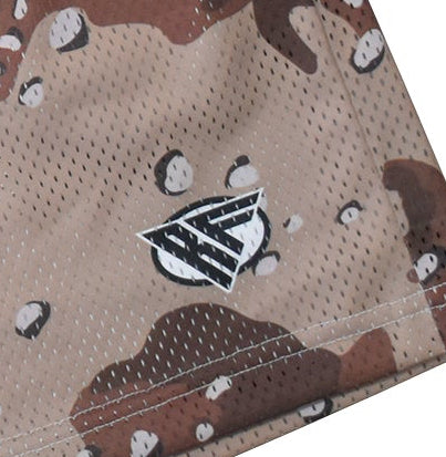 Desert camo shorts in tan/brown with a visible brand logo