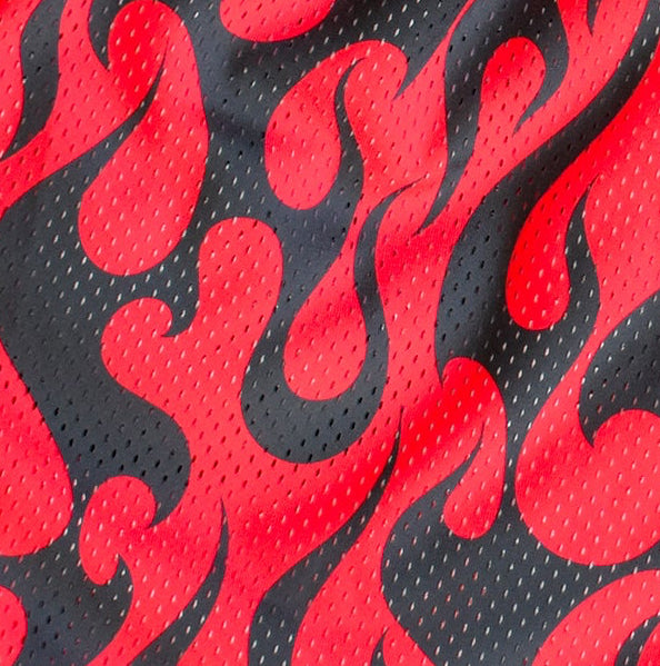 Close-up of RF-Wear Mesh Flame Shorts - Black/Red 