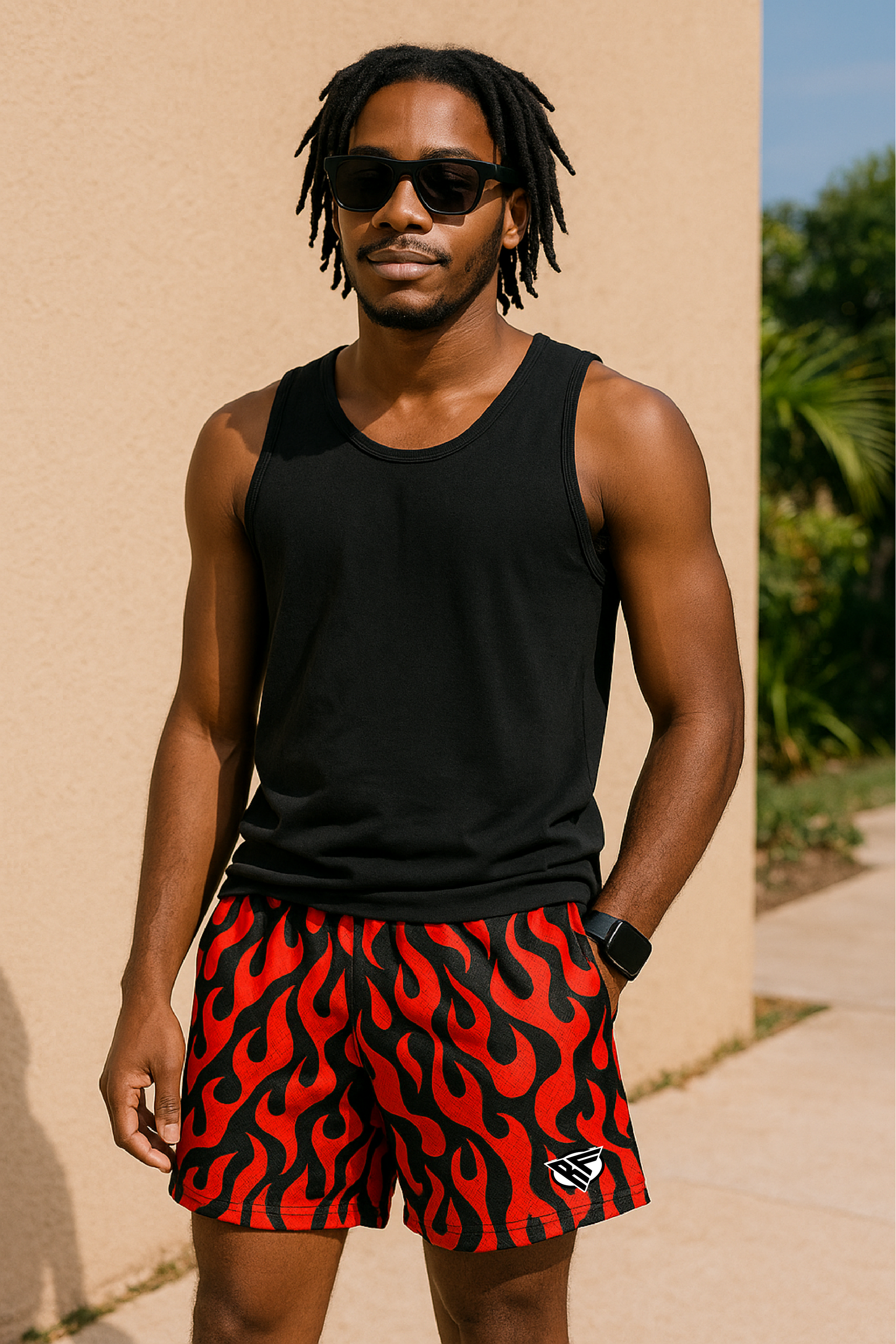 RF Wear Men's Mesh Flame Shorts - Black/Red - Model Front View