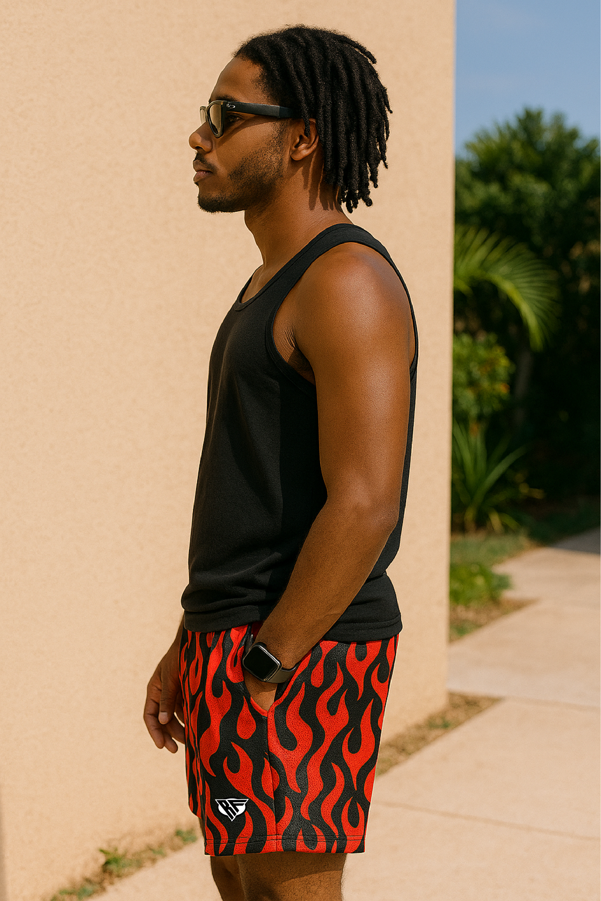 RF Wear Men's Mesh Flame Shorts - Black/Red - Model Side View