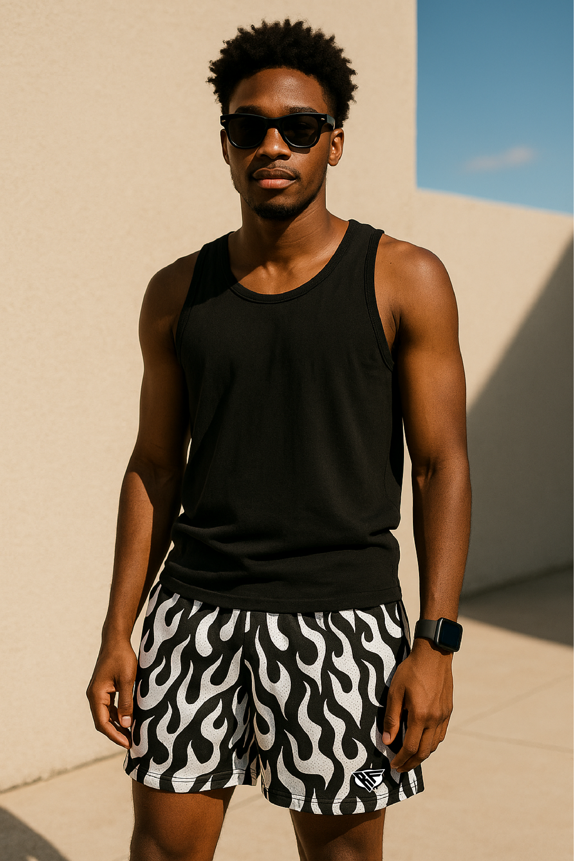 RF Wear Mesh Flame Shorts - White/Black  - Model Front View