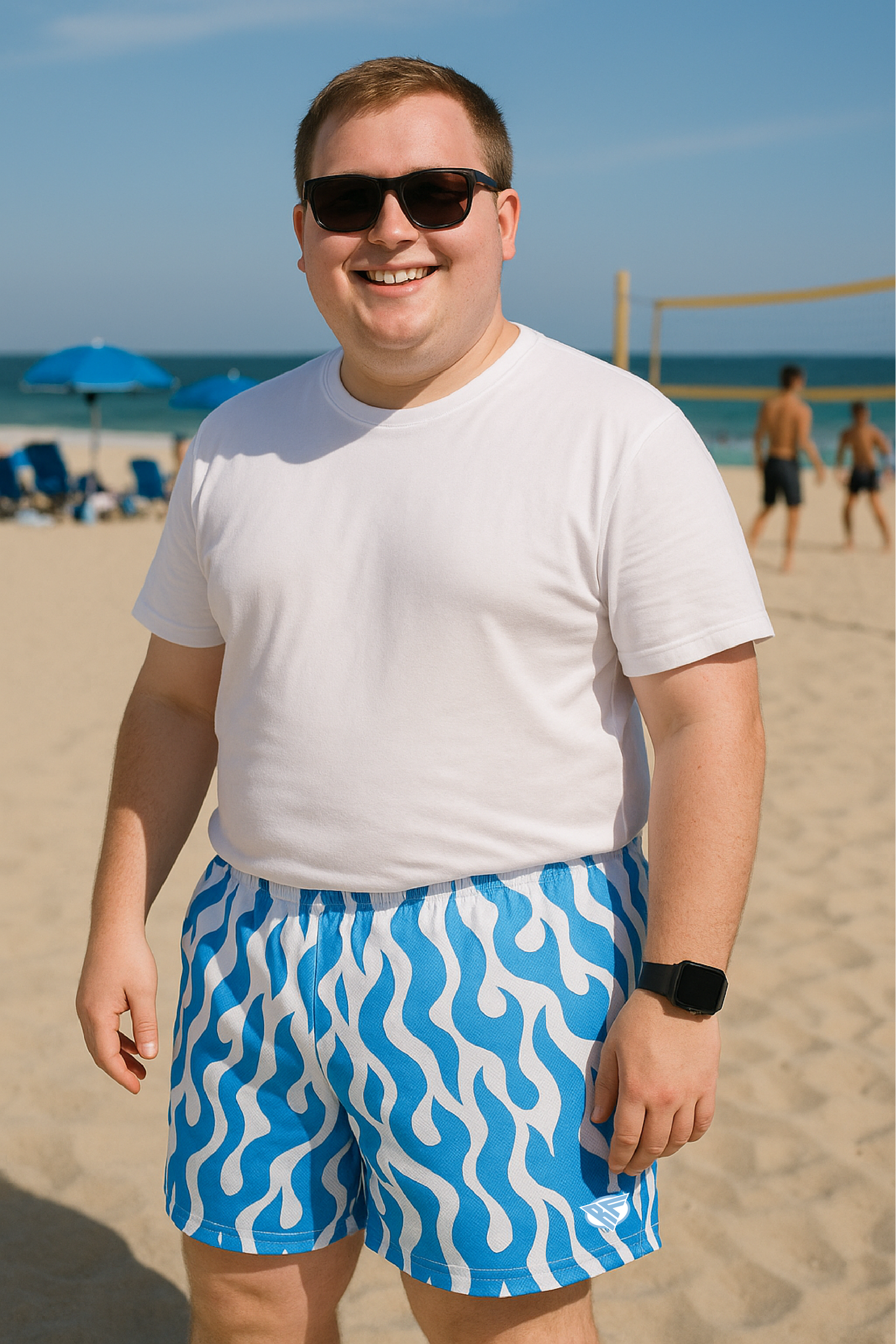 RF Wear Men&#39;s Mesh Flame Shorts - White/Blue - Model Front View